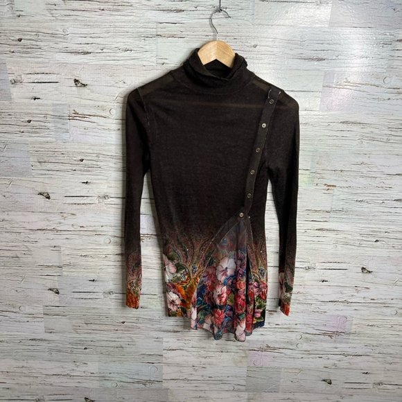 Desigual long freya sweater brown turtleneck floral size xs - Picture 1 of 8
